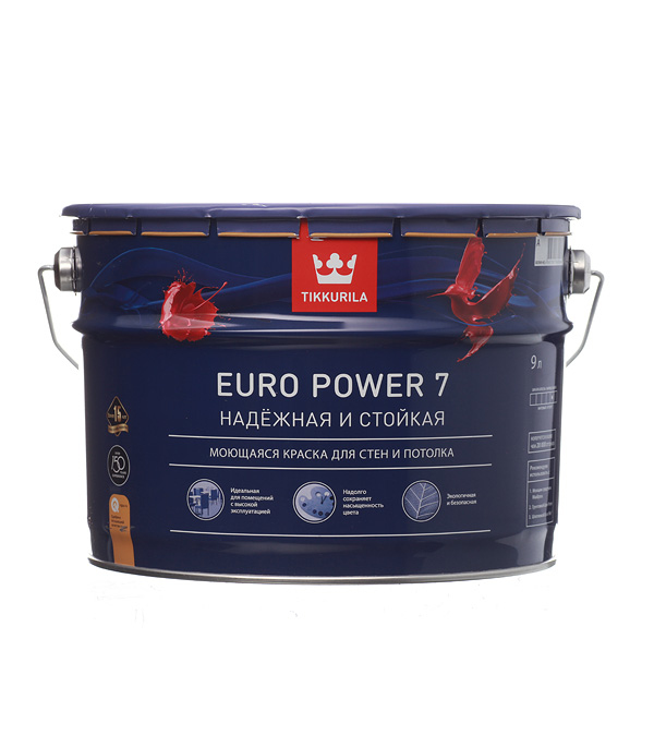 картинка Краска водно-дисперсионная Tikkurila Euro Power 7 моющаяся белая основа А 9 л от магазина Ютек