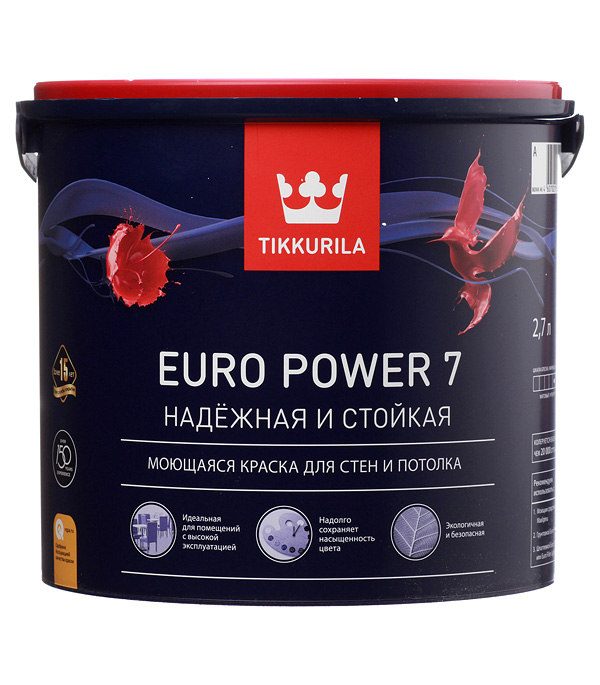 картинка Краска водно-дисперсионная Tikkurila Euro Power 7 моющаяся белая основа А 2,7 л от магазина Ютек