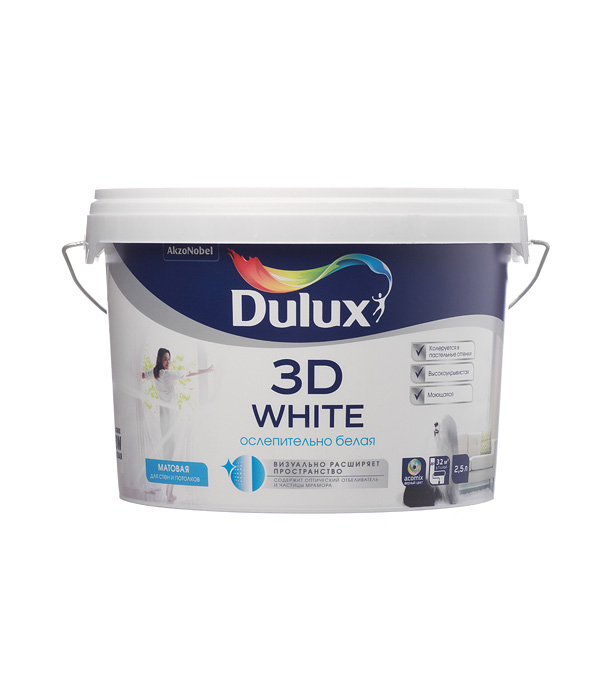 картинка Краска водно-дисперсионная интерьерная Dulux 3D White белая основа BW 2,5 л от магазина Ютек
